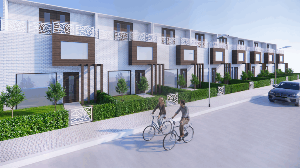 Exterieur van een moderne nieuwbouwwoning in een groene omgeving, 3D visualisatie
