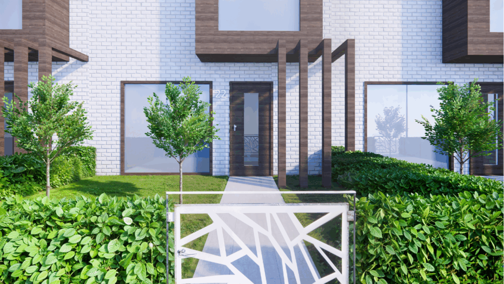 Exterieur van een moderne nieuwbouwwoning in een groene omgeving, 3D visualisatie