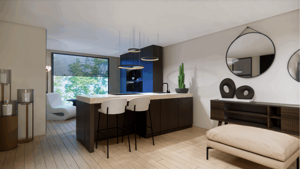 Woonkeuken met groot kookeiland in hotel chique interieurstijl, moderne en luxe uitstraling