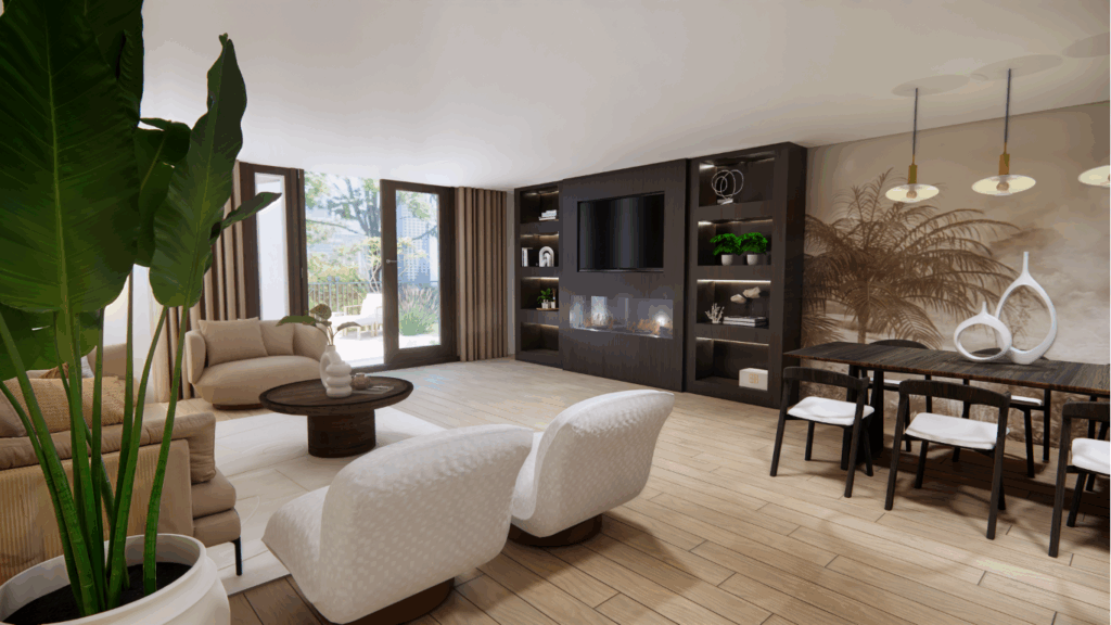 Interieur hotel chique van een open woonkamer in een nieuwbouwwoning, 3D visualisatie