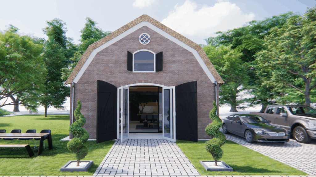 3D-render van een woning met gemetselde gevel, mansardedak en symmetrische raampartijen vastgoed