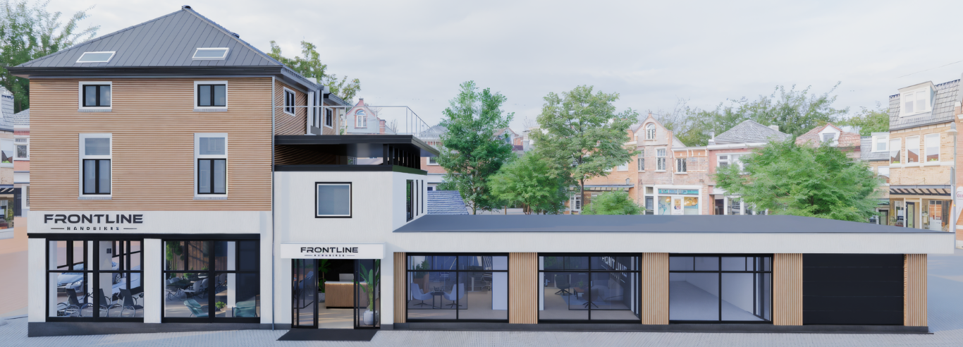 Fotorealistische 3D-visualisatie van een moderne fietsenwinkel ontworpen door een architect, gemaakt voor vastgoedpresentatie