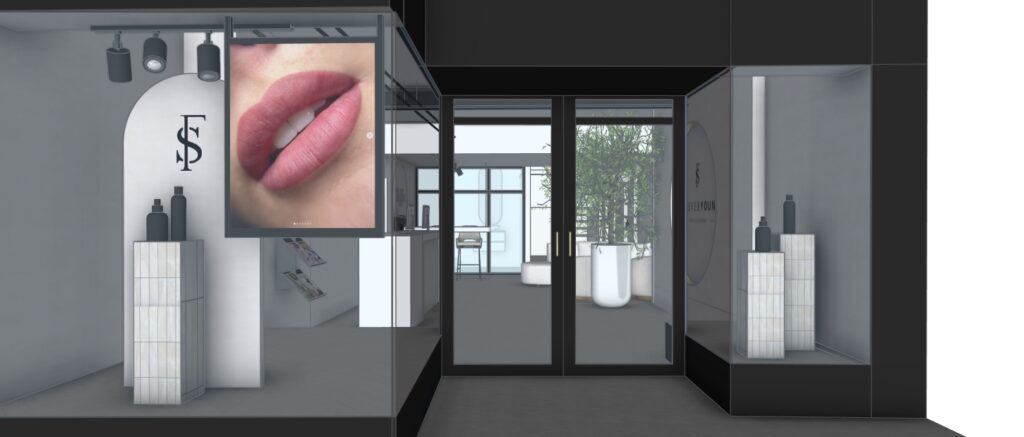 3D-visual van een moderne entree met glazen deuren en branding in beeld.
