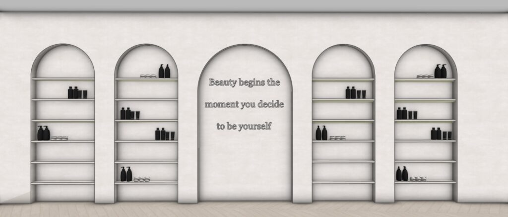 Wand met nisjes en 3D visuals van inspirerende quote in een minimalistische beautysalon