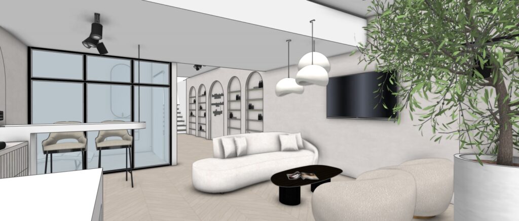 3D-interieurvisual van een open salonruimte met moderne zitplekken en sfeervolle verlichting.