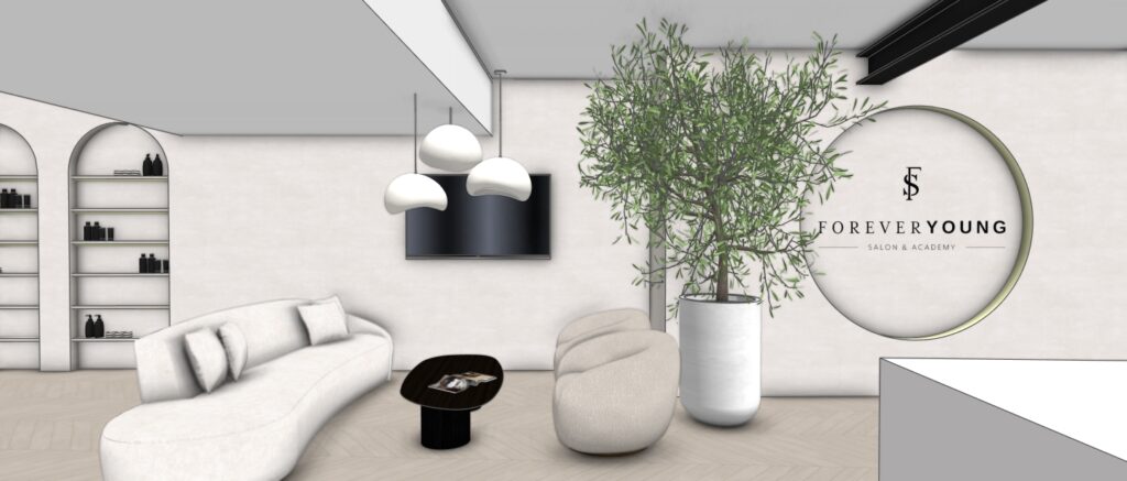 3D-interieurvisual van een loungehoek met ronde vormen, planten en neutrale tinten