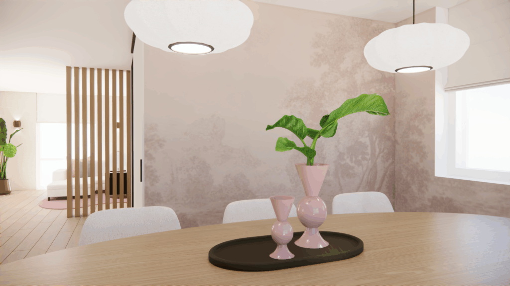 3D interieurvisualisatie van een moderne eethoek met ronde tafel, decoratieve vazen en zachte nude wandafwerking – Floow Visuals