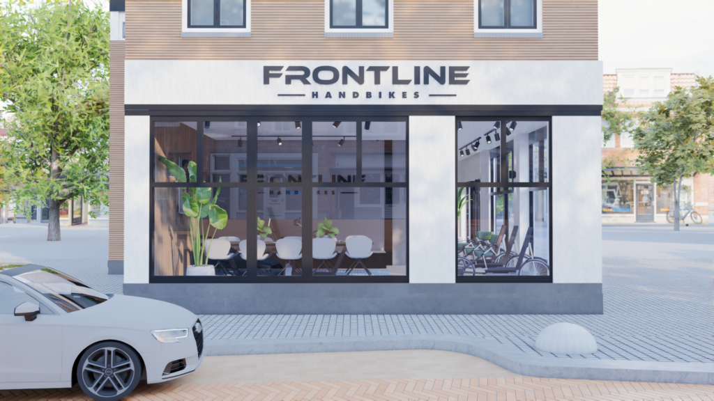 3D visualisatie van modern winkelpand voor Frontline Nutrition met grote glasgevel, strak exterieurontwerp en sfeervolle inrichting – Floow Visuals