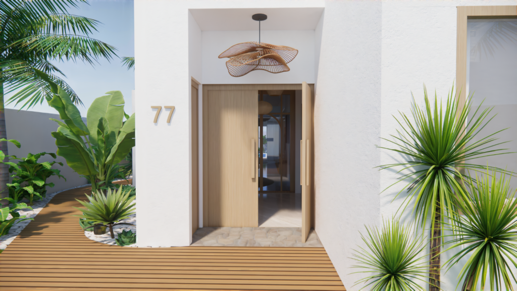 3D exterieurvisualisatie van een moderne entree met houten deur, botanische beplanting en organische designaccenten – Floow Visuals