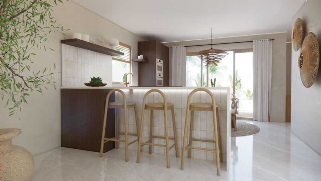 3D keukenvisualisatie van een moderne Scandi Boho keuken met donker hout, licht kookeiland en botanische styling – Floow Visuals