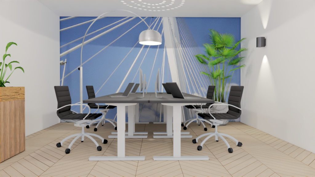 3D visualisatie van moderne vergaderruimte en werkplekontwerp met wandvisual, ergonomische bureaustoelen en minimalistische inrichting – Floow Visuals