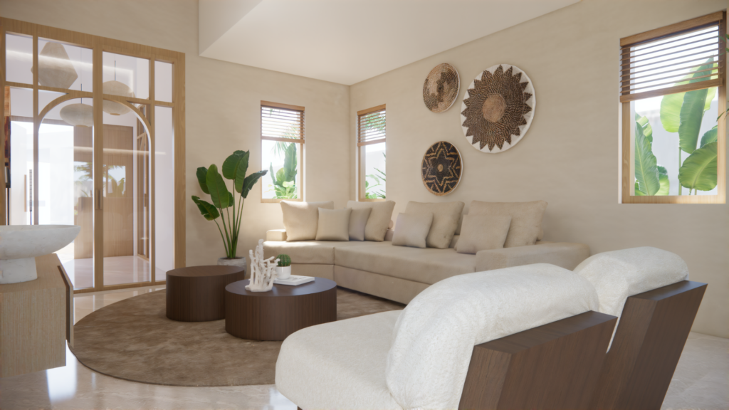 3D interieurimpressie van een moderne Scandi Boho woonkamer met lichte hoekbank, houten accenten en tropische styling – Floow Visuals