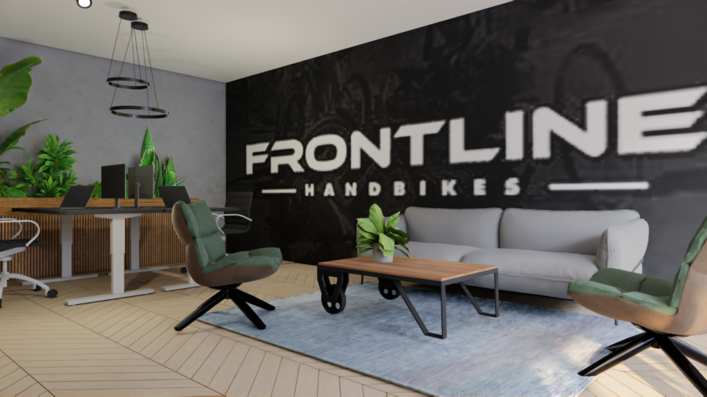 3D visualisatie van adviesruimte en zithoek in de showroom van Frontline Handbikes met brandingwand, modern meubilair en groenaccenten – Floow Visuals