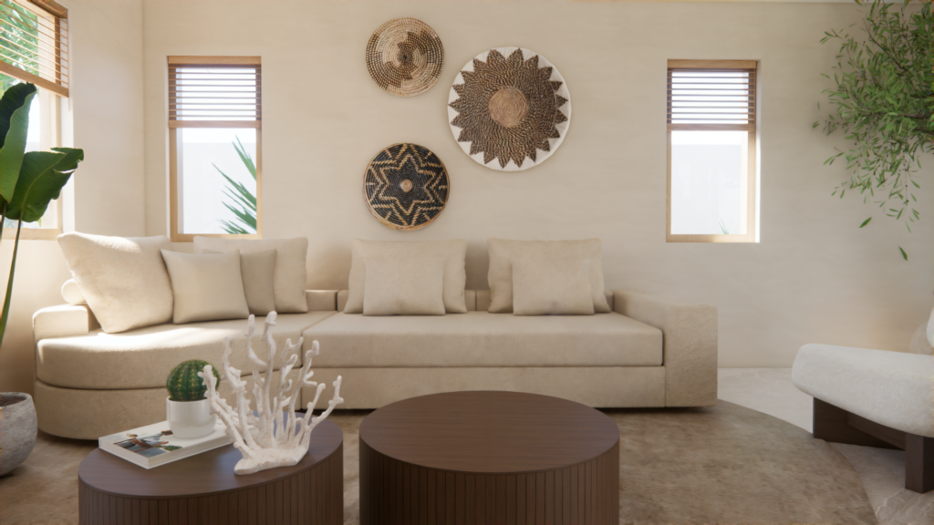 3D interieurweergave van een Scandi Boho woonkamer met lichte hoekbank, ronde salontafels en natuurlijke wanddecoratie – Floow Visuals