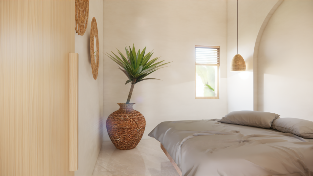 3D interieurvisualisatie van een serene slaapkamer met lage houten bedconstructie, organische boog en botanische styling – Floow Visuals