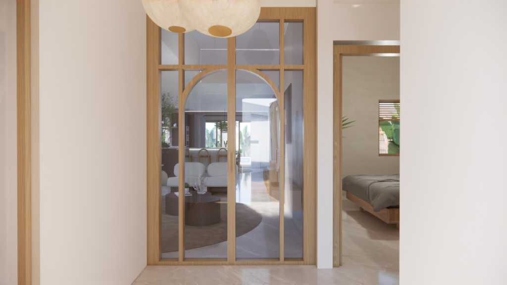 3D interieurvisualisatie van een hal met houten glazen wand en organische boogvorm die uitzicht geeft op een Scandi Boho woonkamer – Floow Visuals