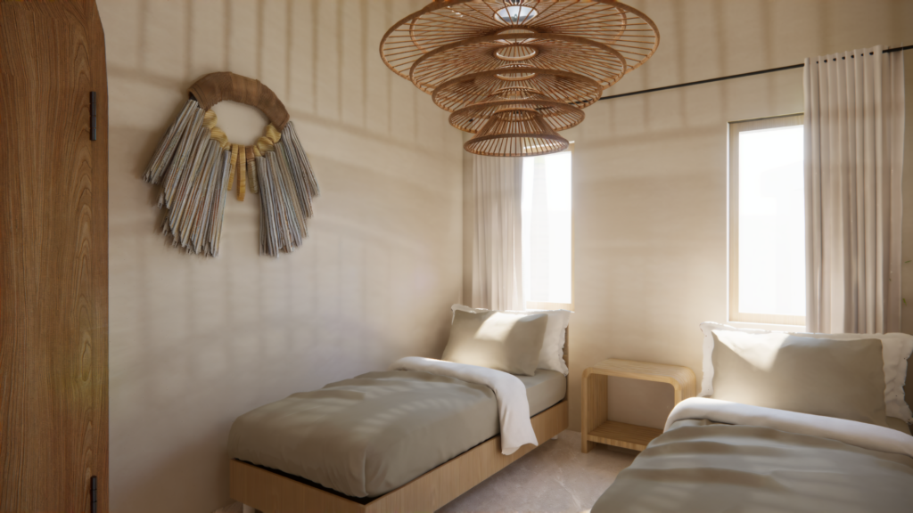 3D interieurvisualisatie van een lichte slaapkamer met twee bedden, organische materialen en Scandi Boho details – Floow Visuals