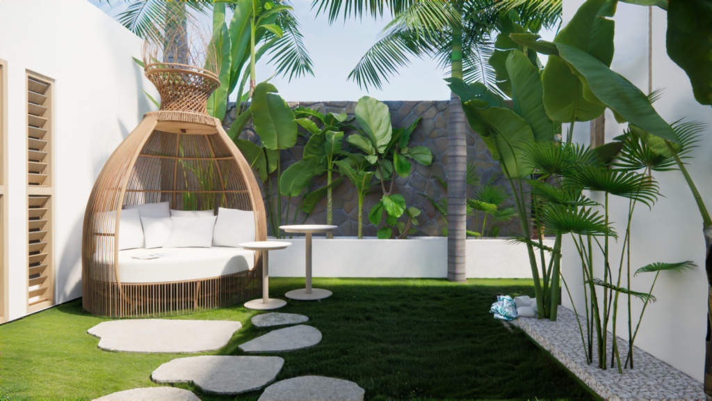3D visualisatie van een botanische binnentuin met rotan loungepod, groene beplanting en organisch tuinpad – Floow Visuals