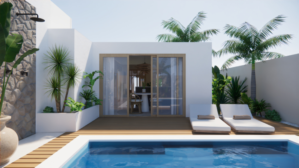 3D exterieurvisualisatie van een zwembadterras met houten vlonder, loungebedden en botanische beplanting bij een moderne villa – Floow Visuals