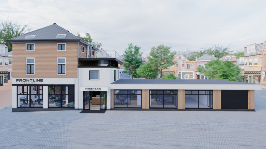 3D visualisatie van gerenoveerde fietsenwinkel in Spankeren met nieuwe gevel, moderne pui en ruimtelijk winkelontwerp – Floow Visuals