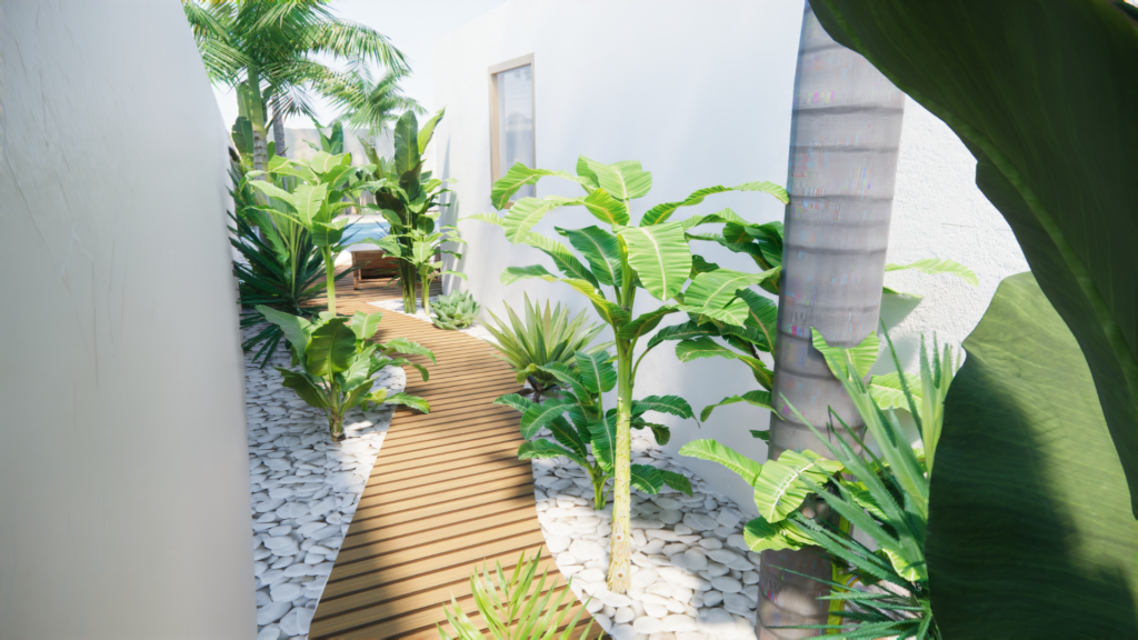 3D tuinvisualisatie van een botanisch pad langs de woning met houten looppad, groenrijke beplanting en organische vormen – Floow Visuals