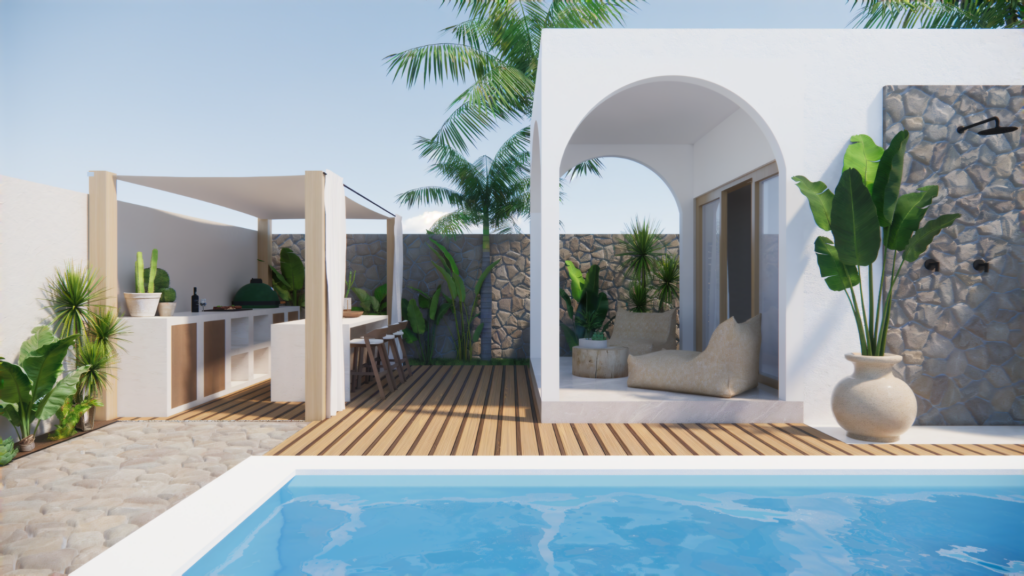 Exterieurontwerp in 3D van een tropische buitenruimte met zwembad, loungehoek onder boogstructuur en moderne buitenkeuken – Floow Visuals
