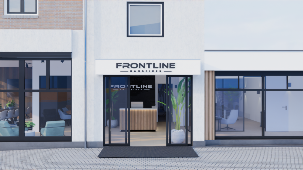 3D visualisatie van entree en gevel van Frontline handbike-winkel in Spankeren met vernieuwde pui, balieontwerp en moderne glaspartij – Floow Visuals