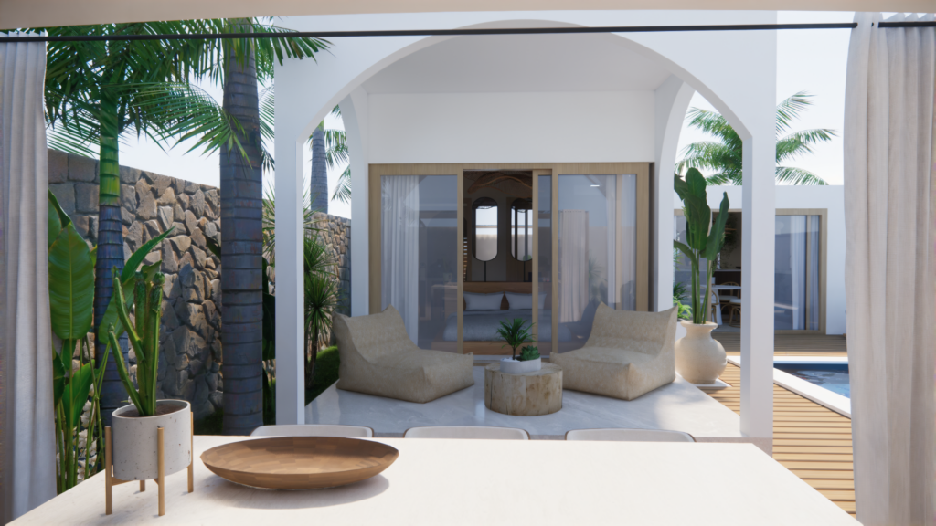 3D exterieurvisualisatie van een veranda met organische bogen, loungezitjes en botanische beplanting – Floow Visuals