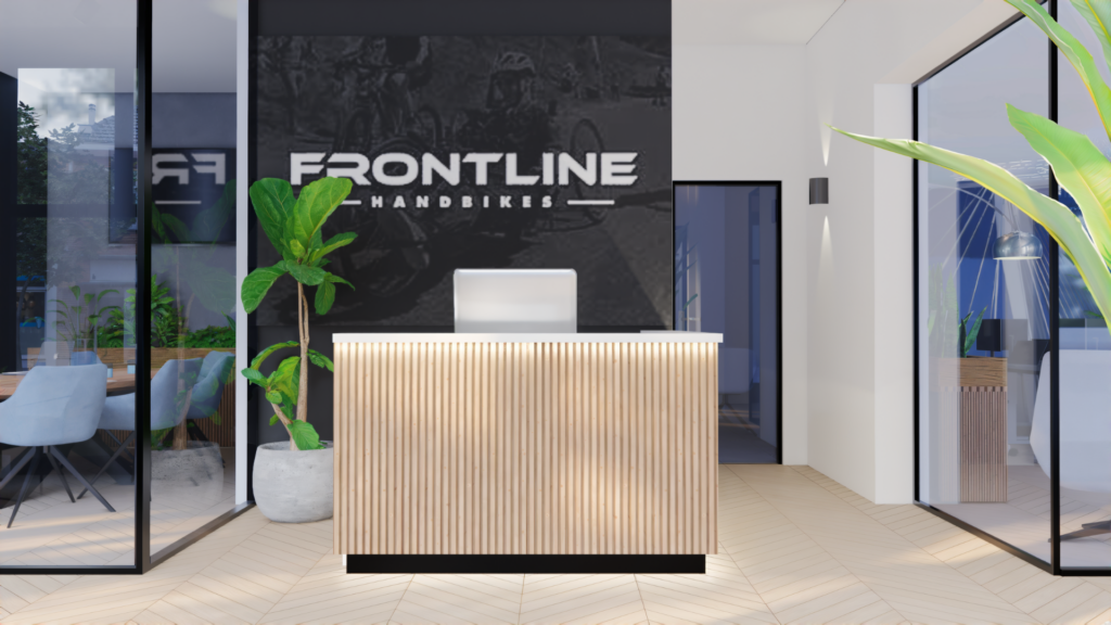 3D visualisatie van modern balieontwerp in de winkel van Frontline Handbikes met glazen scheidingswanden, houtlook maatwerkbalie en strakke branding – Floow Visuals