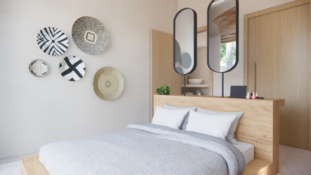 3D interieurvisualisatie van een lichte Scandi Boho slaapkamer met houten bedframe, wanddecoratie en zachte natuurlijke tinten – Floow Visuals