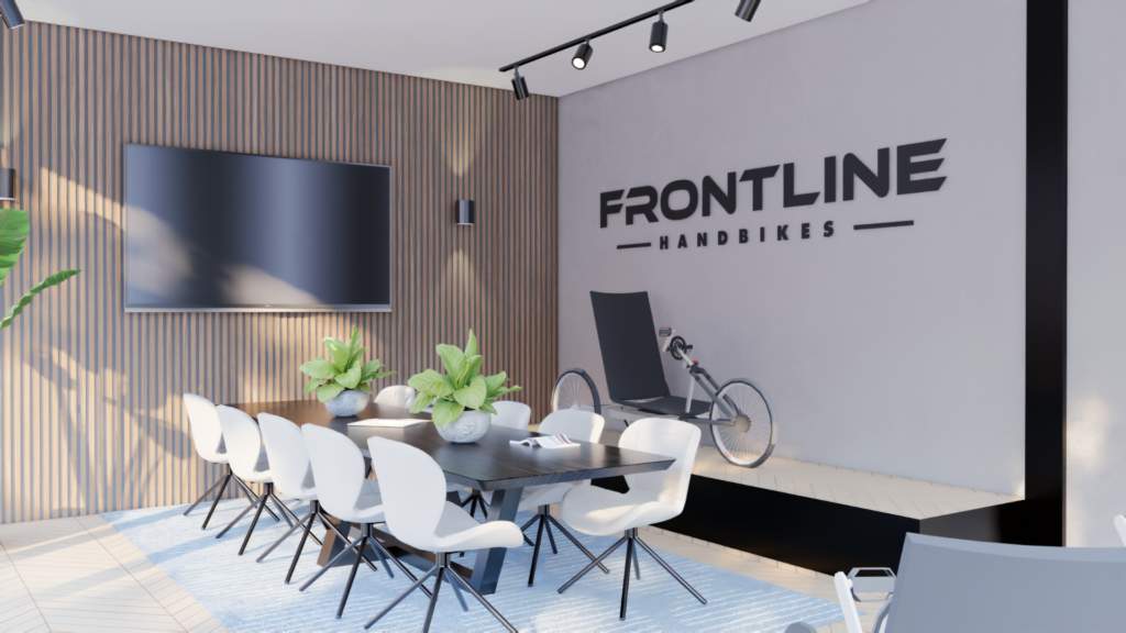 3D interieurvisualisatie van showroom ontwerp en winkelinrichting voor Frontline Handbikes met presentatiewand, maatwerk podium en adviesruimte – Floow Visuals