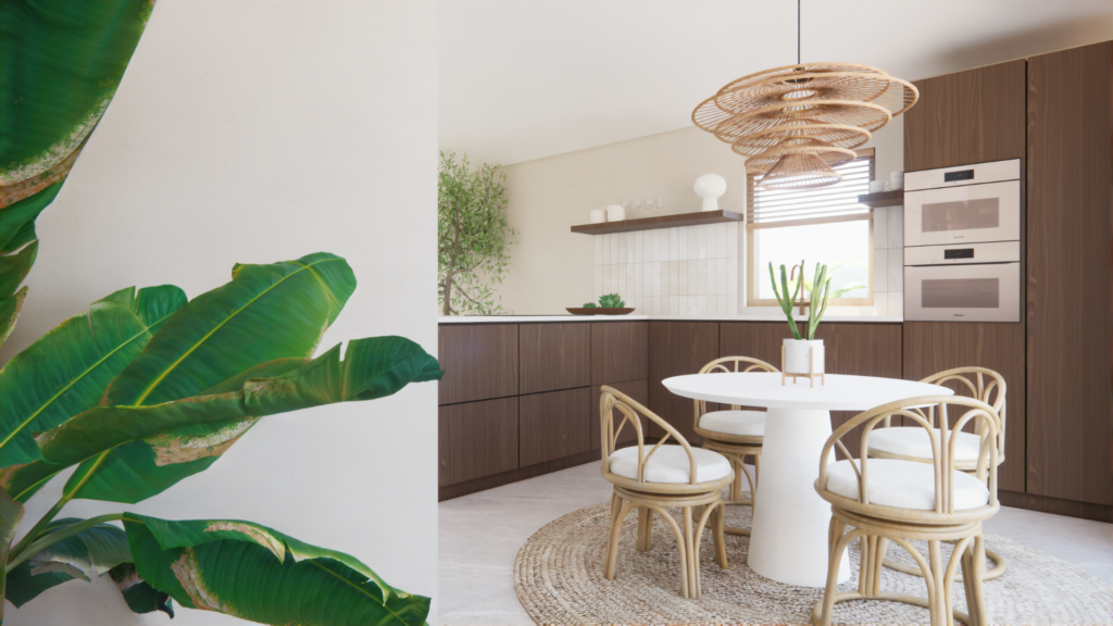 3D interieurvisualisatie van een Scandi Boho eetkamer met ronde witte tafel, rotan stoelen en botanische keukenachtergrond – Floow Visuals