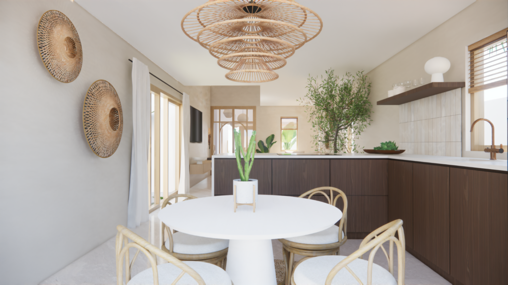 3D interieurvisualisatie van een lichte Scandi Boho eetkamer met ronde eettafel, botanische accenten en moderne keuken – Floow Visuals