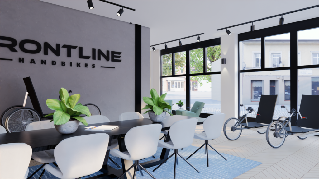 3D visualisatie van showroominrichting voor Frontline Handbikes met productpresentatie, adviesruimte en grote glasgevel – Floow Visuals