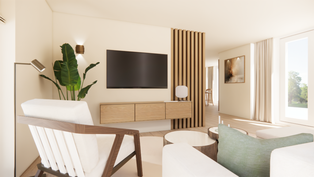 Fotorealistische 3D visualisatie van een moderne woonkamer met tv-meubel, houten lattenwand en licht interieur – Floow Visuals