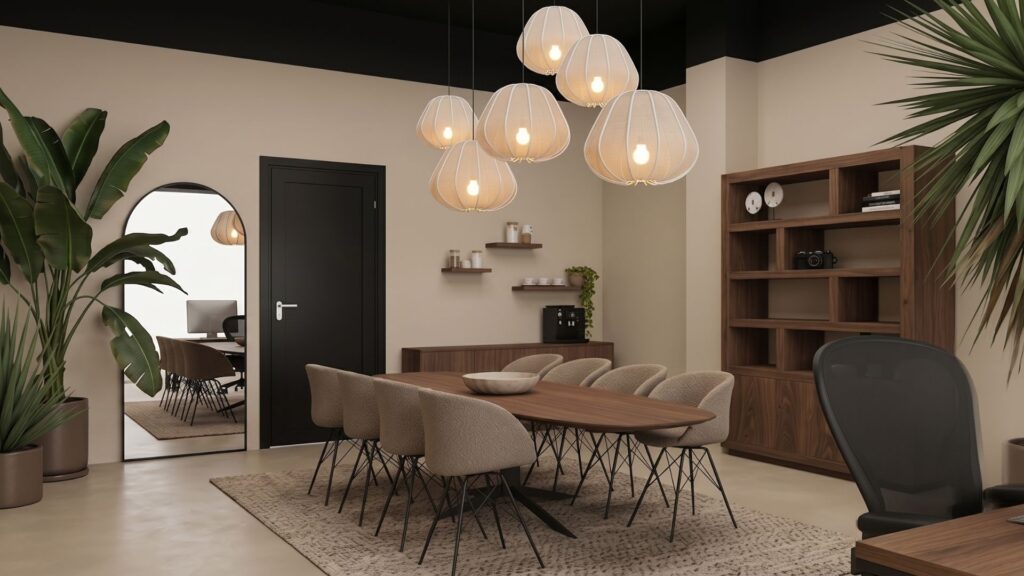 Realistische 3D-visualisatie van een warme vergaderruimte in een contentstudio in Den Haag met grote tafel, comfortabele stoelen en sfeervolle verlichting.