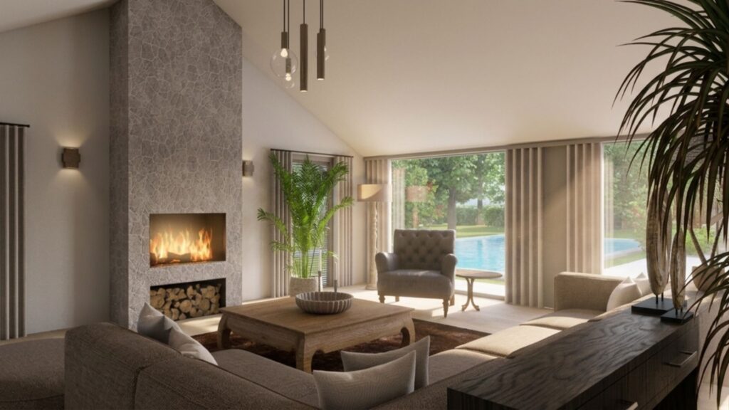 Realistische 3D-visualisatie van een luxe woonkamer met moderne haard, grote loungebank, warme aardetinten, kamerplanten en sfeervolle verlichting door Floow Visuals.