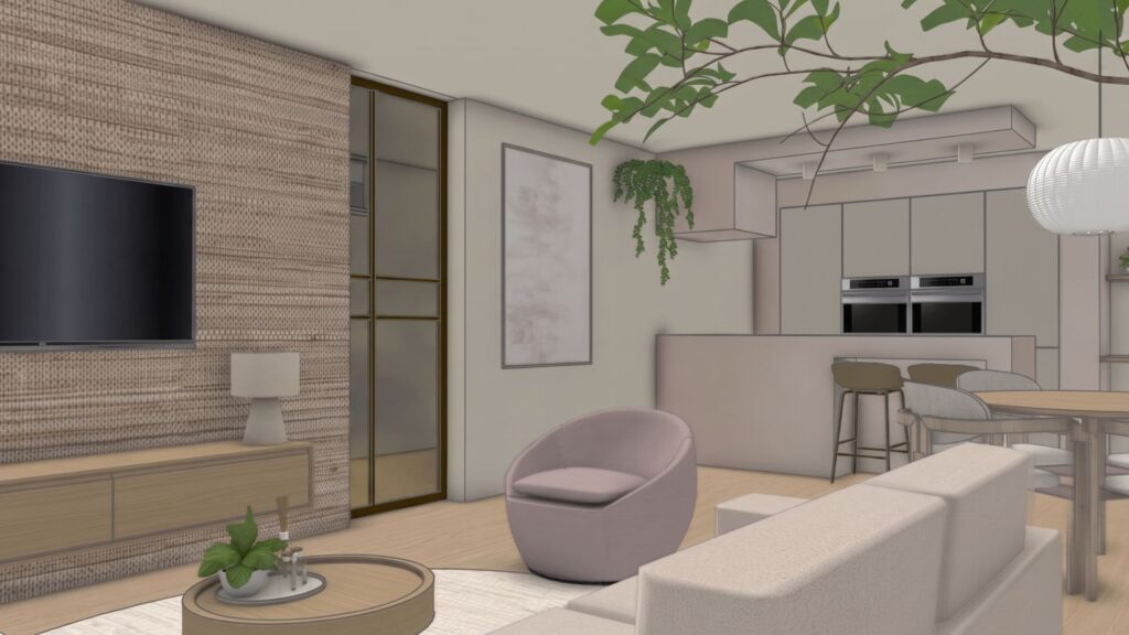 3D-visualisatie van een complete woning met een lichte woonkamer, open keuken en maatwerkinterieur, uitgewerkt door Floow Visuals