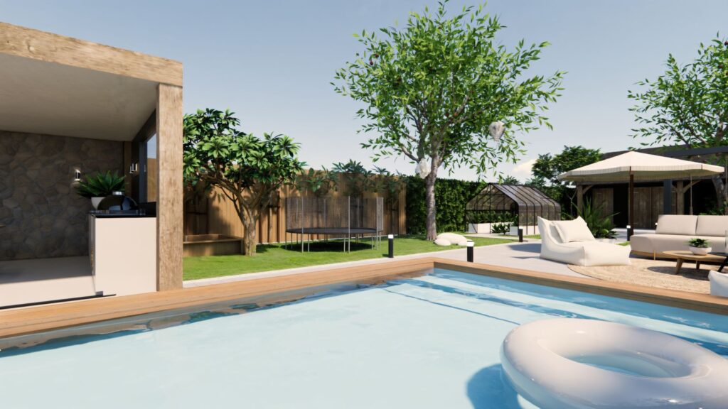 Moderne tuin met buitenzwembad, overdekte buitenkeuken, loungehoek en groene beplanting