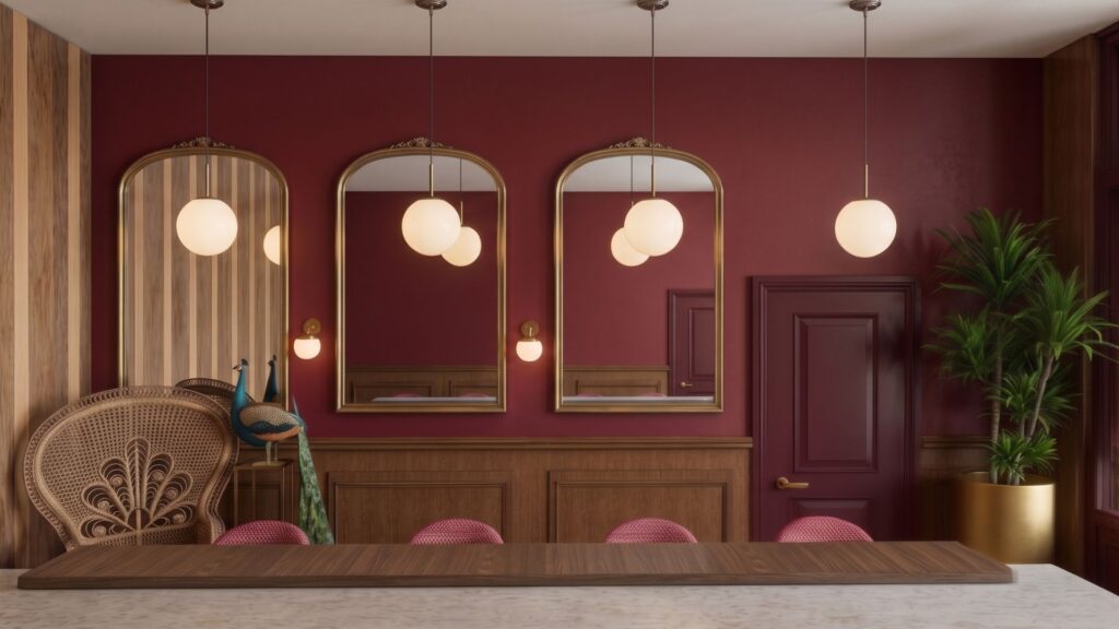Bordeauxrode wand met ingebouwde zitbank, boogvormige spiegels en sfeervolle wandverlichting in Hotel Huis Vermeer in Deventer