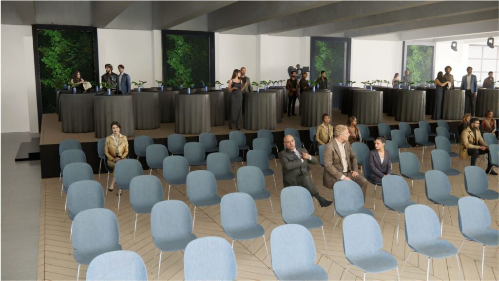 3D-visualisatie van de townhall in HMETC Square met stoelenopstelling, hospitalitytafels en groene wanden voor het Hyundai openingsevent