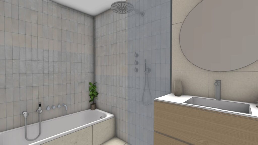 3D-visualisatie van een moderne badkamer met ligbad, grijze tegels, houten wastafelmeubel en ronde spiegel door Floow Visuals Bijschrift: