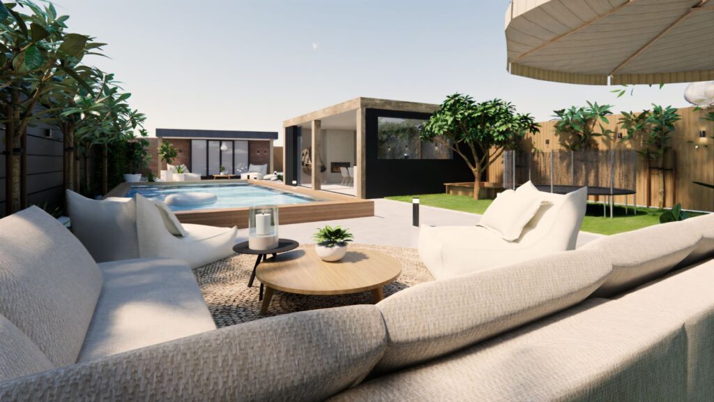 Moderne tuin met buitenzwembad, lichte loungeset en natuurlijke materialen in luxe resortstijl