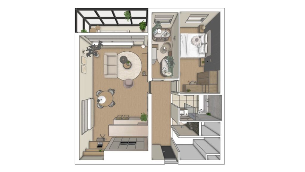 3D-plattegrond van de begane grond met woonkamer, open keuken, eethoek, werkplek en entree, uitgewerkt door Floow Visuals