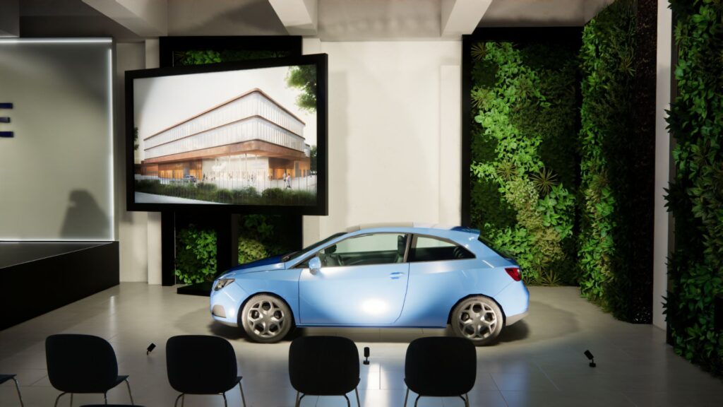 3D-visualisatie van een Hyundai autopresentatie in HMETC Square met presentatiescherm, verlichting en groene plantenwanden