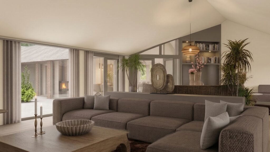 Realistische 3D-visualisatie van een modern landelijke woonkamer in een villa in Hoogeveen, ontworpen door PD Interieurontwerp en Floow Visuals.