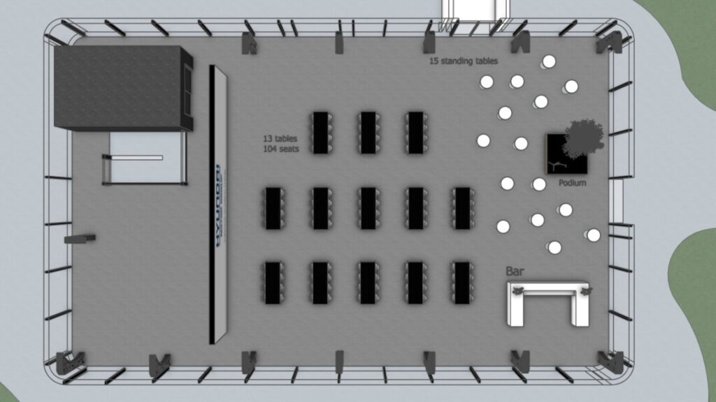 3D-visualisatie van een evenementenbar in HMETC Square met marmerlook bar, hoge barkrukken en geïntegreerd groen