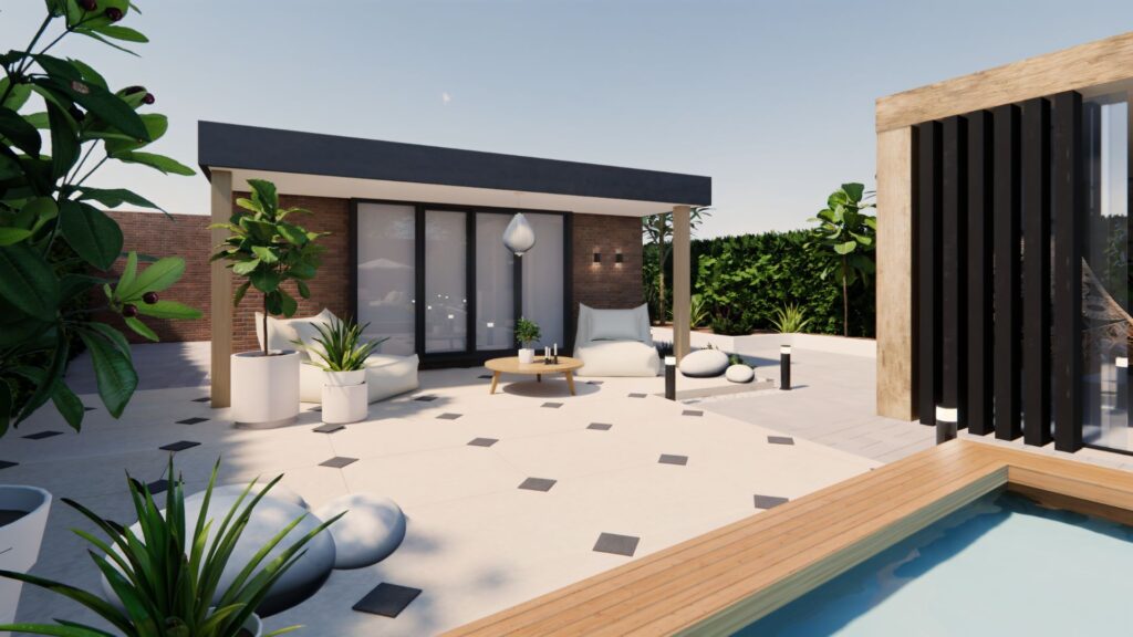 Moderne tuin met buitenzwembad, lichte loungehoek, groene beplanting en luxe tuinkamer met zwarte lamellen