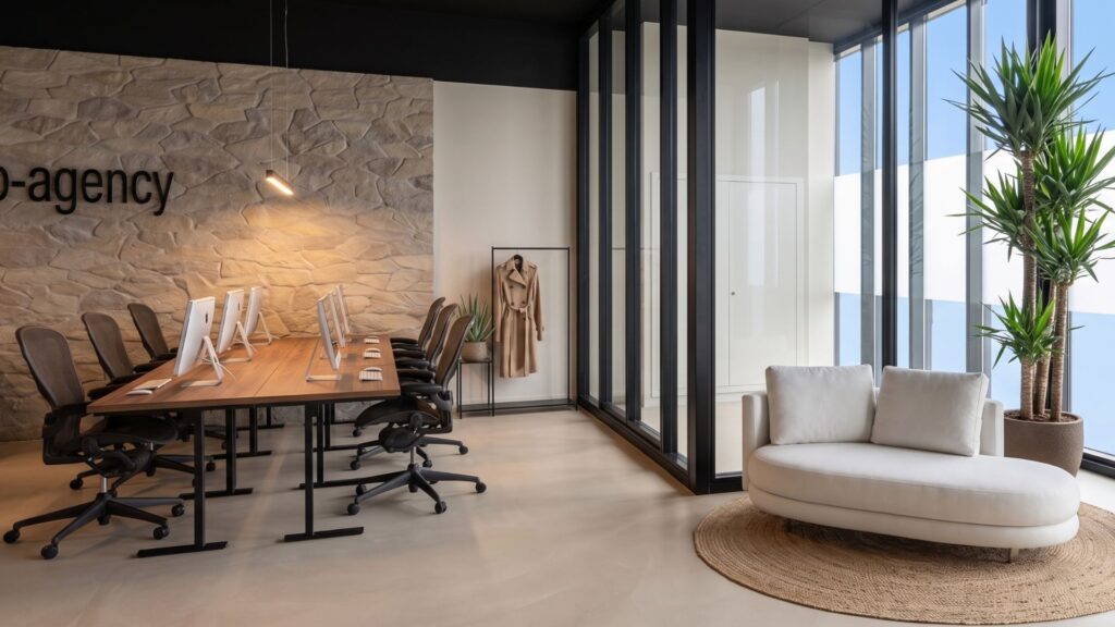Realistische 3D-visualisatie van een creatieve werkplek met bureaus, glazen scheidingswand, loungezitplaats en veel daglicht in een contentstudio in Den Haag.
