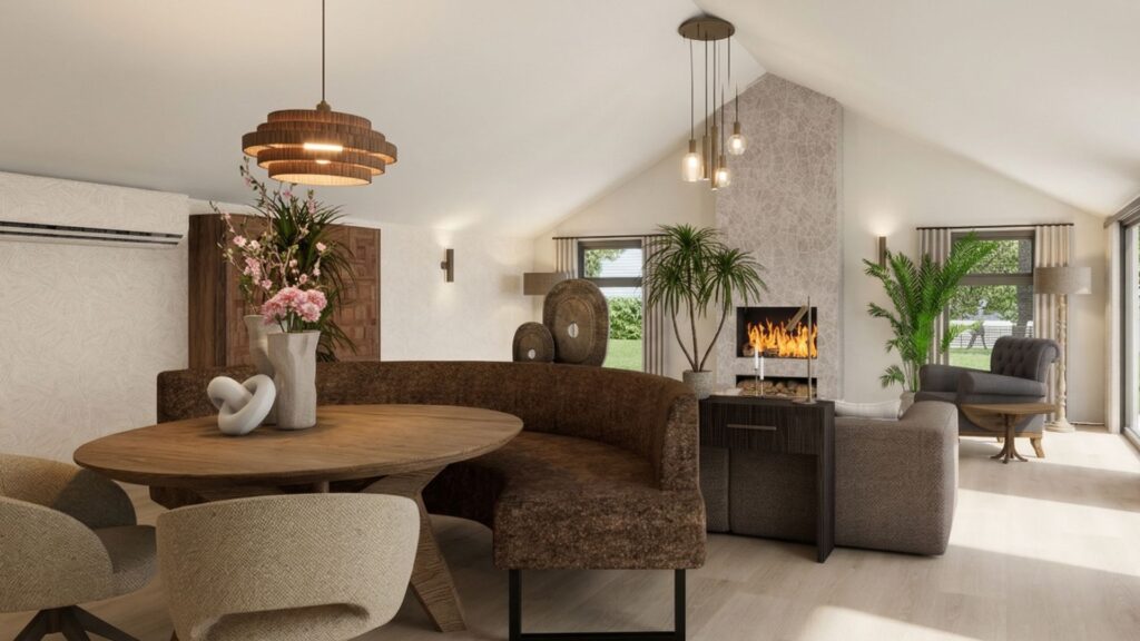 Realistische 3D-visualisatie van een warme modern landelijke woonkamer met ronde bank, open haard, natuurlijke materialen en sfeervolle verlichting in een villa in Hoogeveen.
